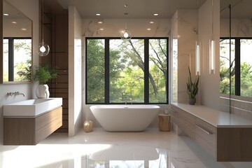 A contemporary bathroom featuring streamlined fixtures, neutral tones, and minimalistic decor. Utilize clean lines, large windows for natural light