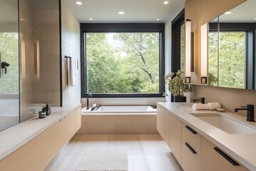 Fototapeta premium A contemporary bathroom featuring streamlined fixtures, neutral tones, and minimalistic decor. Utilize clean lines, large windows for natural light