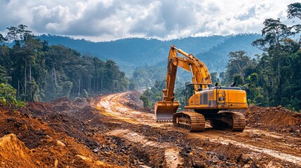 Excavator Working in Dense Tropical Forest Landscape