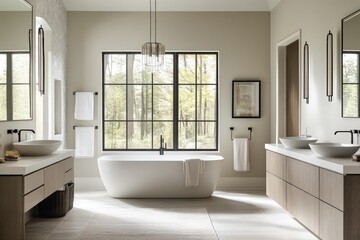 A contemporary bathroom featuring streamlined fixtures, neutral tones, and minimalistic decor. Utilize clean lines, large windows for natural light