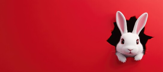 White rabbit peeking through a hole in a red background.