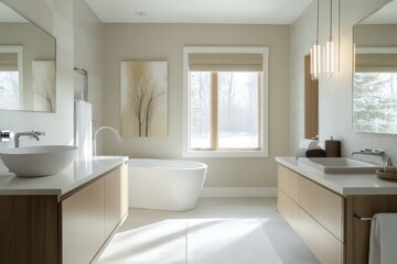 A contemporary bathroom featuring streamlined fixtures, neutral tones, and minimalistic decor. Utilize clean lines, large windows for natural light, and integrated storage solutions. 