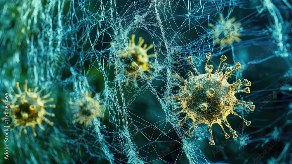 Poster close-up view of viruses in a microscopic web of filaments