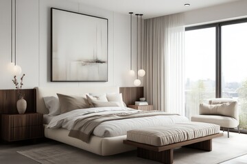 A contemporary bedroom featuring streamlined furniture pieces, neutral tones, and minimalistic decor. Utilize clean lines, large windows
