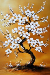 White flowering tree with a curved trunk against a gold background.