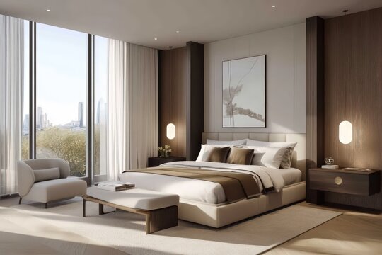 A contemporary bedroom featuring streamlined furniture pieces, neutral tones, and minimalistic decor. Utilize clean lines, large windows
