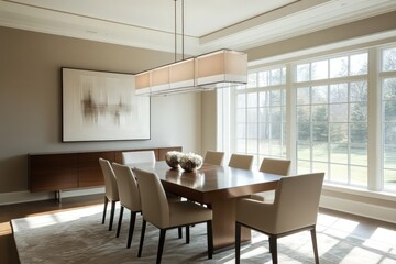 A contemporary dining room featuring streamlined furniture pieces, neutral tones, and minimalistic decor. Utilize clean lines, large windows for natural light, and integrated storage solutions. 