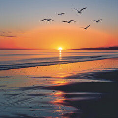 Golden Tranquility: Silhouetted Seagulls Against a Serene Sunset Beach