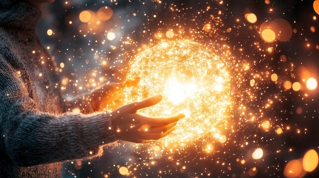 Enchanted Orb: A mystical image of hands gently cradling a luminous sphere, radiating golden light and sparkling particles, evoking feelings of wonder and magic.