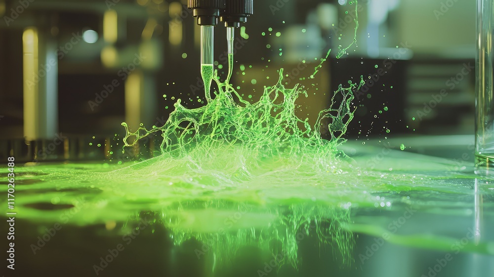 Poster lab experiment with green liquid splashing in scientific setting