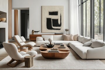 A contemporary living room featuring streamlined furniture pieces, neutral tones, and minimalistic decor. Utilize clean lines, large windows