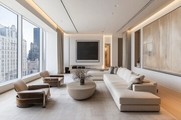 Fototapeta premium A contemporary living room with sleek furniture, neutral colors, and minimalistic decor.