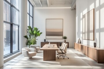 Fototapeta premium A contemporary office featuring streamlined furniture pieces, neutral tones, and minimalistic decor. Utilize clean lines, large windows for natural light, 