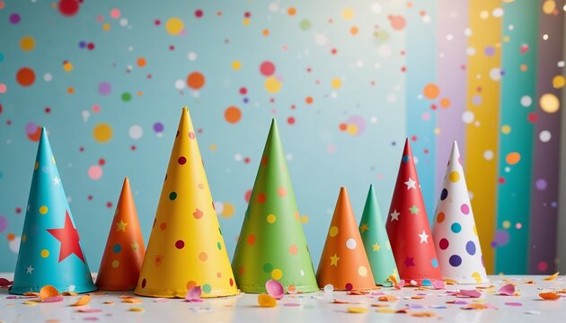 Photorealistic colorful party hats in vibrant patterns with confetti, playful and festive mood
