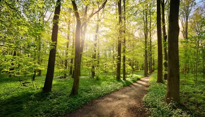 緑の若葉が生い茂る林の中、小径に木漏れ日が差し込む、穏やかな春の風景
