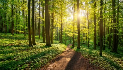 Obraz premium 緑の若葉が生い茂る林の中、小径に木漏れ日が差し込む、穏やかな春の風景