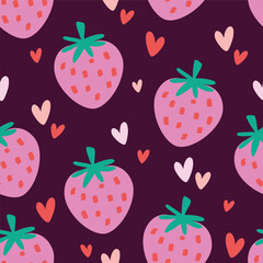 Seamless pattern with pink strawberry and little Heart on a dark purple background, Cute cartoon style. Perfect for lively designs, children’s decor, stationery, and cheerful themed projects.