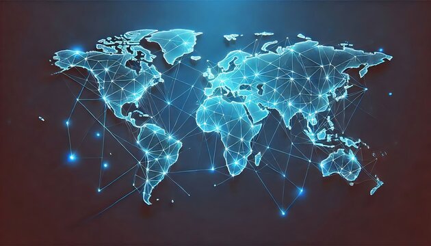 Stylized Digital World Map with Interconnected Lines and Nodes