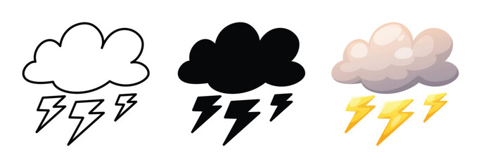Illustration of variety cloud thunder designs, simple line art, solid silhouettes, and cheerful cartoon style suns with expressive faces. ideas for icons, labels, or digital decoration.