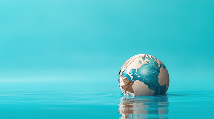 damaged globe floating in calm water symbolizes environmental neglect and urgency