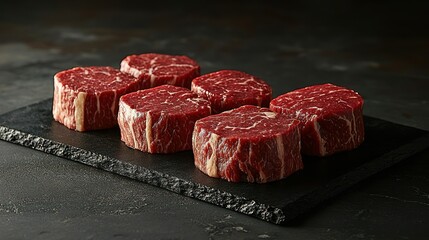 Fresh cuts of marbled beef on a dark slate board.