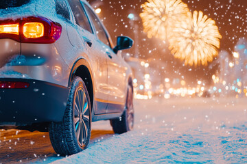Car parked on snowy street with fireworks celebrating new year's eve