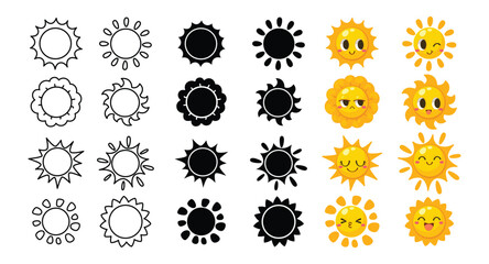 Illustration of variety sun designs, simple line art, solid silhouettes, and cheerful cartoon style suns with expressive faces. ideal for icons, labels, or digital decoration.