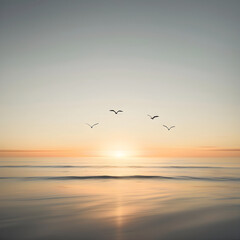 Golden Tranquility: Silhouetted Seagulls Against a Serene Sunset Beach