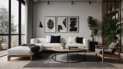Modern black and white interior design with spacious windows minimalist couch and textured rug creating a light filled and welcoming living room environment
