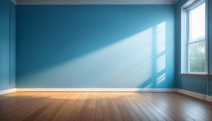 presentation background with a wooden floor, soft blue wall