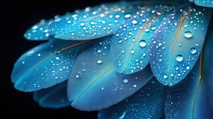 Obraz premium Close-up of dew-covered teal feathers.