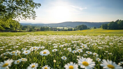 Obraz premium Serene Daisy Field Landscape: A Summer's Day in the Countryside