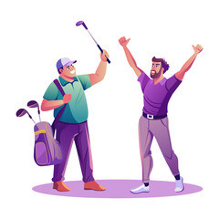 A flat illustration depicting happy golfing men

