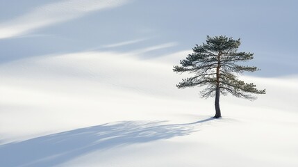 Lone Pine Tree in Snowy Landscape Under Soft Winter Light