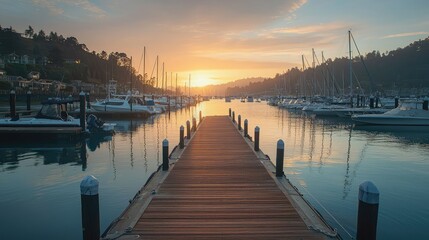 Sunset Over Tranquil Marina with Pier and Boats at Golden Hour