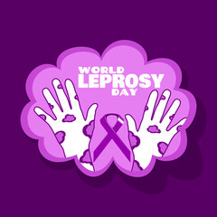 World Leprosy Day to celebrate on last Sunday in January. Illustration of two hands affected by leprosy with a purple campaign ribbon on a dark purple background. Health event banner.