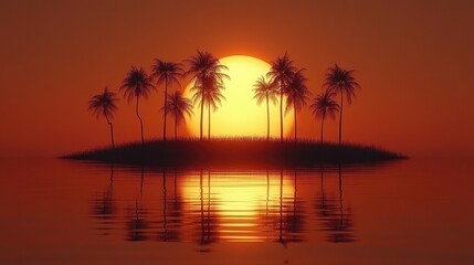 Fototapeta premium Idyllic sunset over tropical island with palm trees reflecting in calm water.