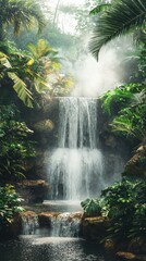 Lush Tropical Waterfall Surrounded by Vibrant Green Foliage