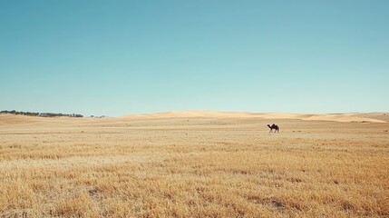 Obraz premium Sole Camel Walking Across Expansive Desert Landscape Under Blue Sky