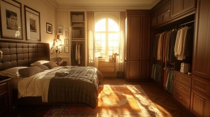 Fototapeta premium Cozy bedroom with warm lighting and organized closet.