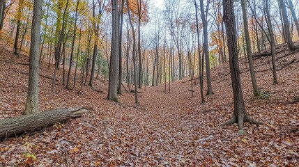 Tranquil Autumn Forest Pathway with Colorful Leaves on Ground