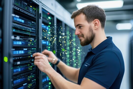 Tech Specialist at Work: A skilled IT professional diligently manages server infrastructure in a modern data center, showcasing expertise and dedication to maintaining a seamless digital experience. 