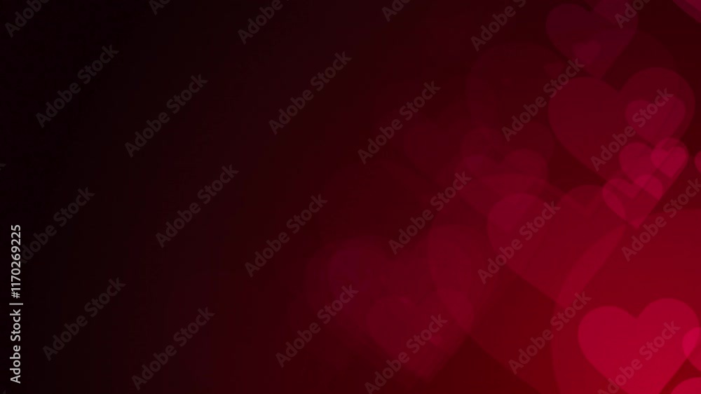 Poster red heart shapes are moving from the bottom right of a gradient grid abstract background, horizontal