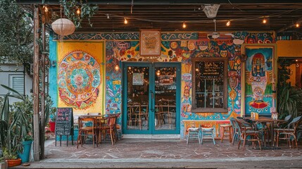 Fototapeta premium Colorful Cafe Exterior with Artistic Murals and Cozy Atmosphere