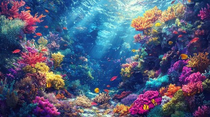 Fototapeta premium Vibrant Coral Reef with Colorful Fish in Crystal Clear Water