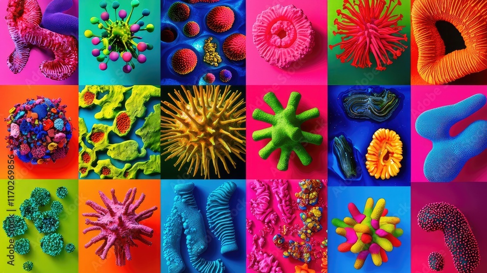 Poster vibrant microbial life in abstract colorful patterns and textures
