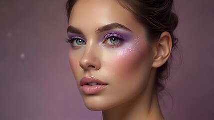 Fototapeta premium Female model with ethereal makeup, glowing skin, lavender eyeshadow, and soft pink lips, framed by a pastel backdrop and mystical lighting