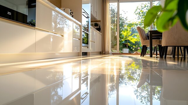 Sparkling Modern Kitchen Flooded with Natural Sunlight Showcasing Freshness and Cleaning Proficiency