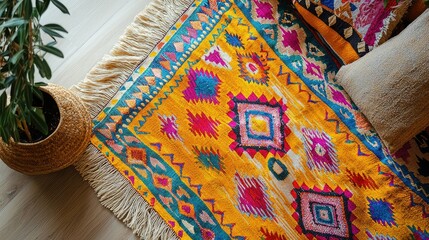 Colorful Handwoven Rug with Vibrant Patterns on Wooden Floor