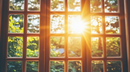 Fototapeta premium Sunlight streaming through a window, illuminating a lush green landscape outside.